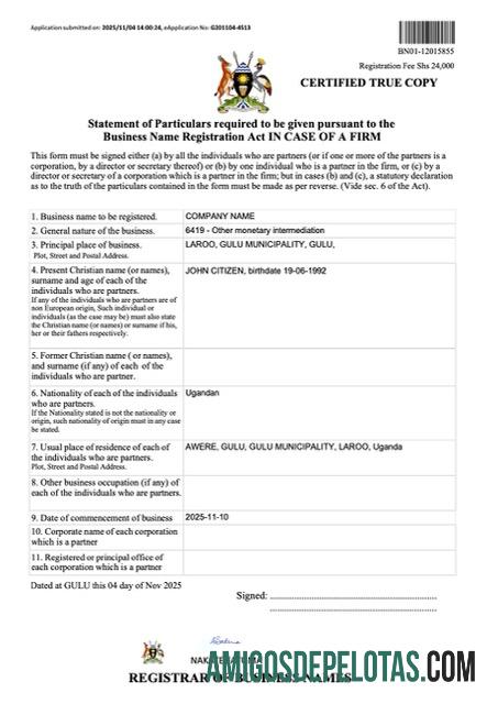 Certificado de registro de nome comercial realista de Uganda modelo Word e PDF, versão 3